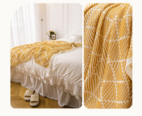 Elosung Yellow Beige Geometric Knit Throw Blanket With Tassels Soft Acrylic 130X150cm Blankets
