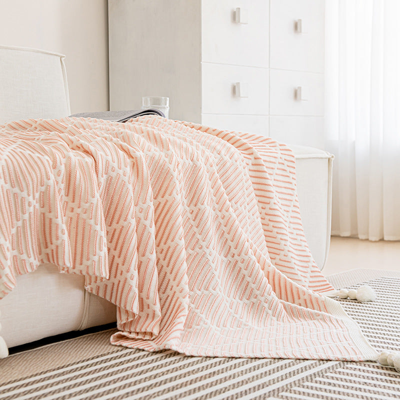 Pink And Beige Diamond Pattern Soft Cozy Knit Throw Blanket With Tassels Geometric Lightweight Acrylic For Sofa Couch Bed 130X150cm Blankets
