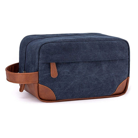 Dark Blue And Brown Men's Canvas Toiletry Bag Large Capacity Water Resistant Travel Organizer Dopp Kit With Handle Packing Organisers