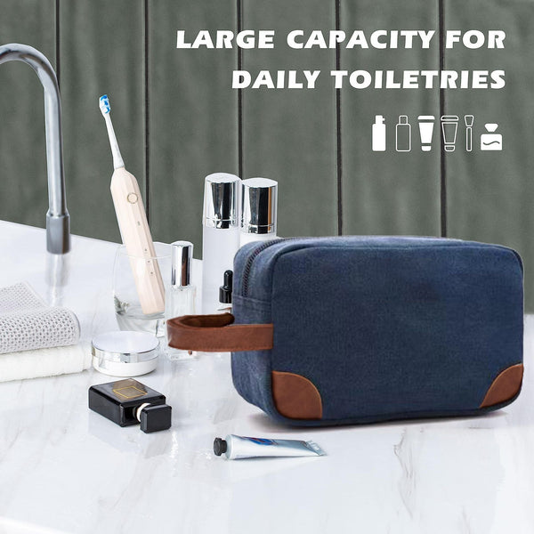 Dark Blue And Brown Men's Canvas Toiletry Bag Large Capacity Water Resistant Travel Organizer Dopp Kit With Handle Packing Organisers
