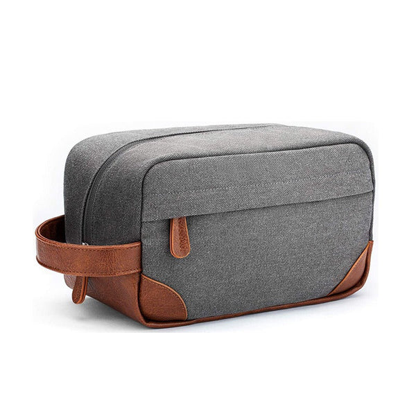 Grey And Brown Men's Canvas Toiletry Bag Large Capacity Water Resistant Travel Organizer Dopp Kit With Handle Packing Organisers