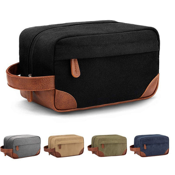 Grey And Brown Men's Canvas Toiletry Bag Large Capacity Water Resistant Travel Organizer Dopp Kit With Handle Packing Organisers