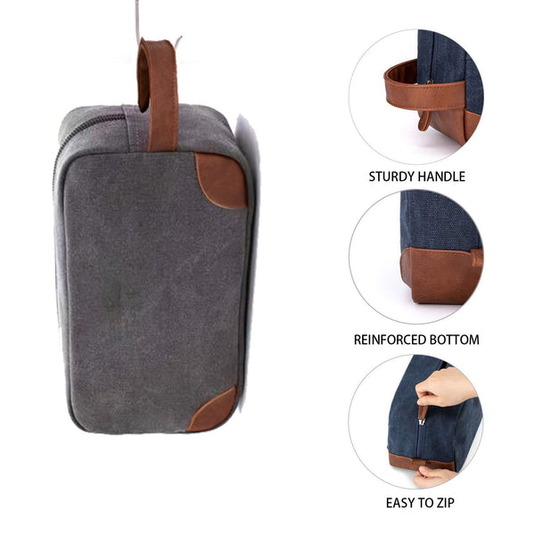 Grey And Brown Men's Canvas Toiletry Bag Large Capacity Water Resistant Travel Organizer Dopp Kit With Handle Packing Organisers