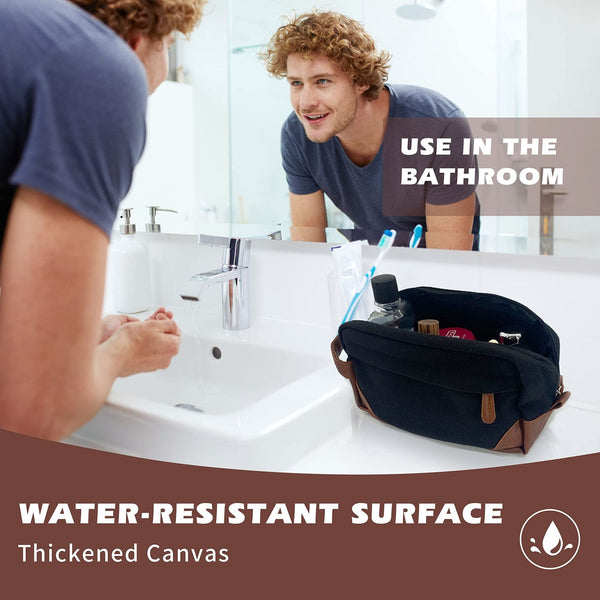 Grey And Brown Men's Canvas Toiletry Bag Large Capacity Water Resistant Travel Organizer Dopp Kit With Handle Packing Organisers