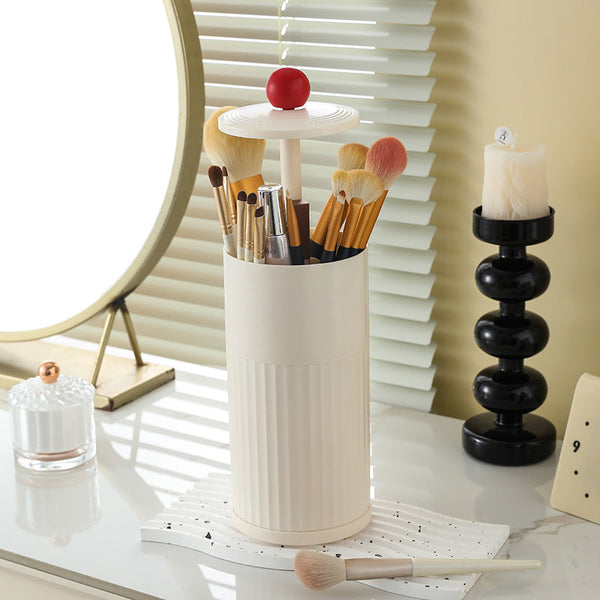 Beige Automatic Lifting Makeup Brush Holder Dustproof Desktop Organizer With Lid Compartments Makeup Bags & Cases