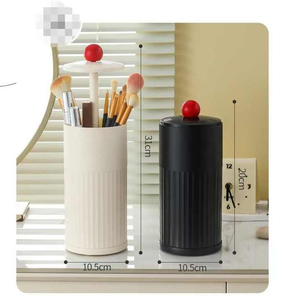 Beige Automatic Lifting Makeup Brush Holder Dustproof Desktop Organizer With Lid Compartments Makeup Bags & Cases