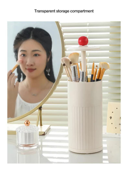 Beige Automatic Lifting Makeup Brush Holder Dustproof Desktop Organizer With Lid Compartments Makeup Bags & Cases