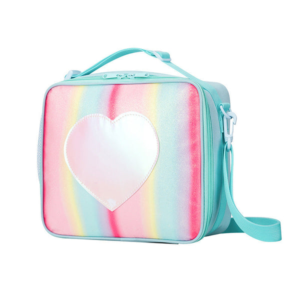 Blue Sparkling Rainbow Heart Insulated Lunch Bag For Kids Portable School Box With Shoulder Strap Lunchboxes