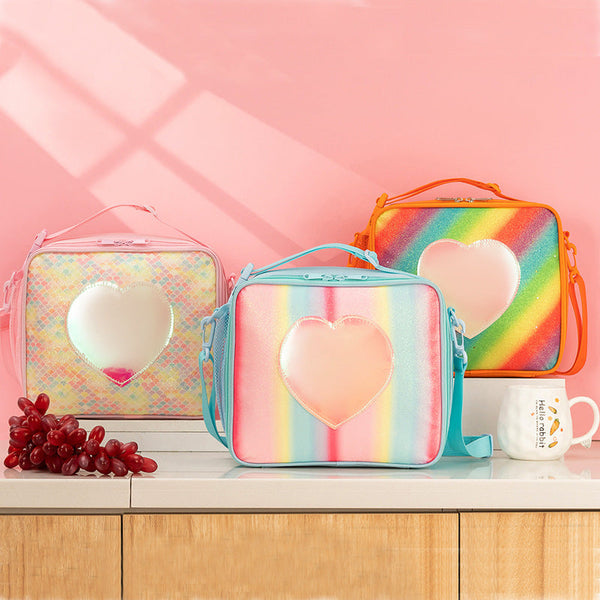 Blue Sparkling Rainbow Heart Insulated Lunch Bag For Kids Portable School Box With Shoulder Strap Lunchboxes