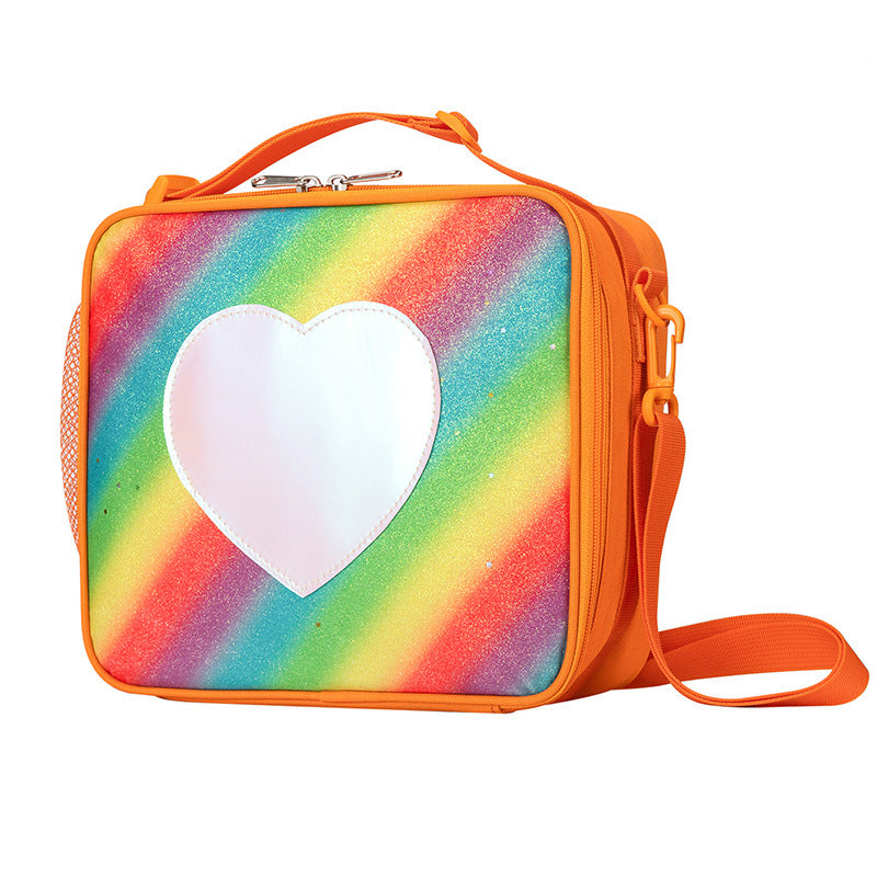Orange Sparkling Rainbow Heart Insulated Lunch Bag For Kids Portable School Box With Shoulder Strap Lunchboxes & Bags