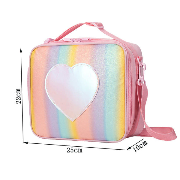 Orange Sparkling Rainbow Heart Insulated Lunch Bag For Kids Portable School Box With Shoulder Strap Lunchboxes & Bags