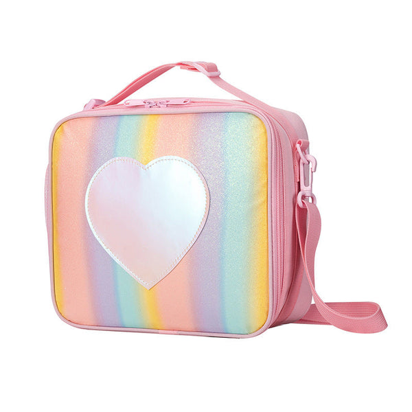 Pink Sparkling Rainbow Heart Insulated Lunch Bag For Kids Portable School Box With Shoulder Strap Lunchboxes & Bags