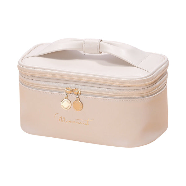 Beige Stylish Pu Leather Makeup Bag Large Capacity Double Layer Waterproof Travel Cosmetic Organizer Case For Women Makeup Bags & Cases