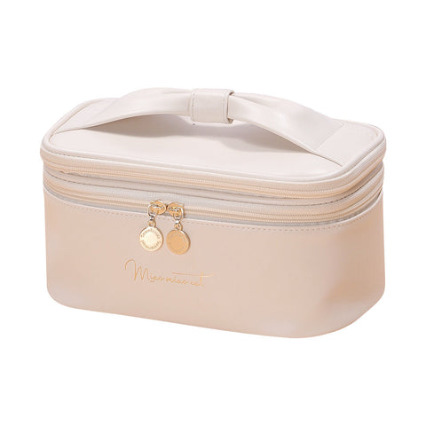 Beige Stylish Pu Leather Makeup Bag Large Capacity Double Layer Waterproof Travel Cosmetic Organizer Case For Women Makeup Bags & Cases