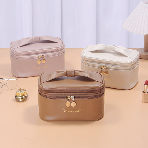 Beige Stylish Pu Leather Makeup Bag Large Capacity Double Layer Waterproof Travel Cosmetic Organizer Case For Women Makeup Bags & Cases