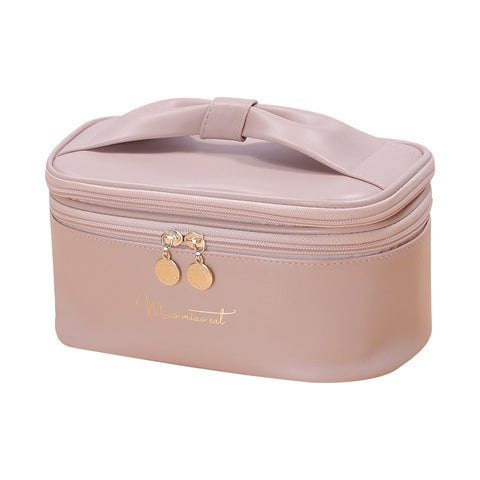Pink Stylish Pu Leather Makeup Bag Large Capacity Double Layer Waterproof Travel Cosmetic Organizer Case Makeup Bags & Cases