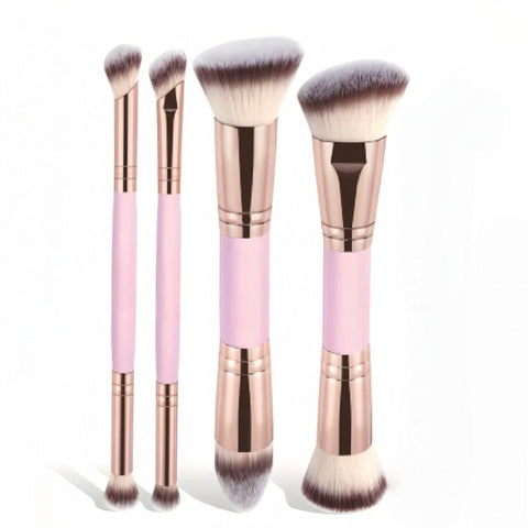 Pink And Glod Versatile 4Pc Dual Ended Makeup Brush Set Soft Synthetic Bristles For Foundation Blush Contour Concealer Brushes