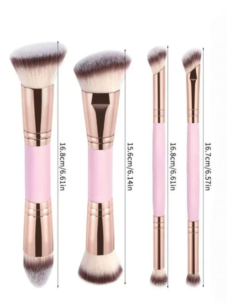 Pink And Glod Versatile 4Pc Dual Ended Makeup Brush Set Soft Synthetic Bristles For Foundation Blush Contour Concealer Brushes