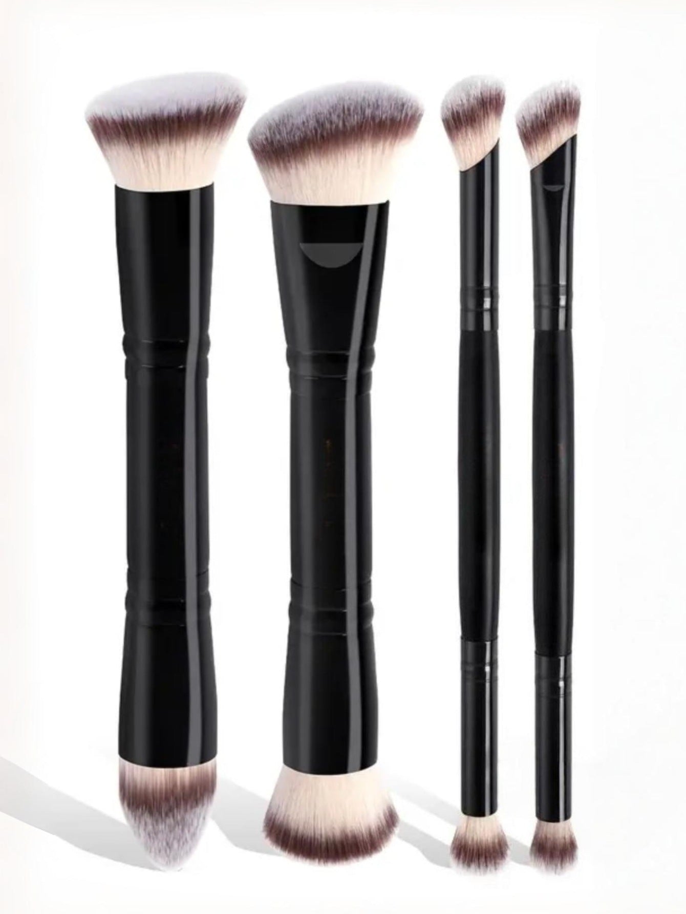 Black Versatile 4Pc Dual Ended Makeup Brush Set Soft Synthetic Bristles Foundation Blush Contour Concealer Brushes