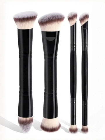 Black Versatile 4Pc Dual Ended Makeup Brush Set Soft Synthetic Bristles Foundation Blush Contour Concealer Brushes
