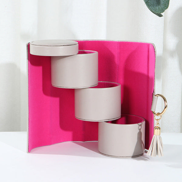 Beige And Pink Elegant 3 Tier Cylindrical Travel Jewellery Box Pu Leather Organizer For Rings Earrings Necklaces With Tassel Charm Jewellery Holders &