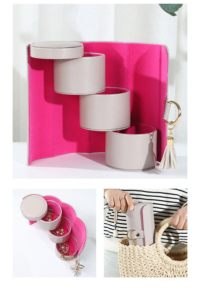 Beige And Pink Elegant 3 Tier Cylindrical Travel Jewellery Box Pu Leather Organizer For Rings Earrings Necklaces With Tassel Charm Jewellery Holders &