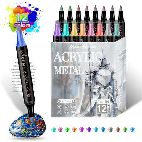 Colorful 12 Colors Dual Tip Metallic Acrylic Paint Pens Fine Point & Chisel Art Markers For Rock Painting Crafts Card Making Glass Art Pens & Markers