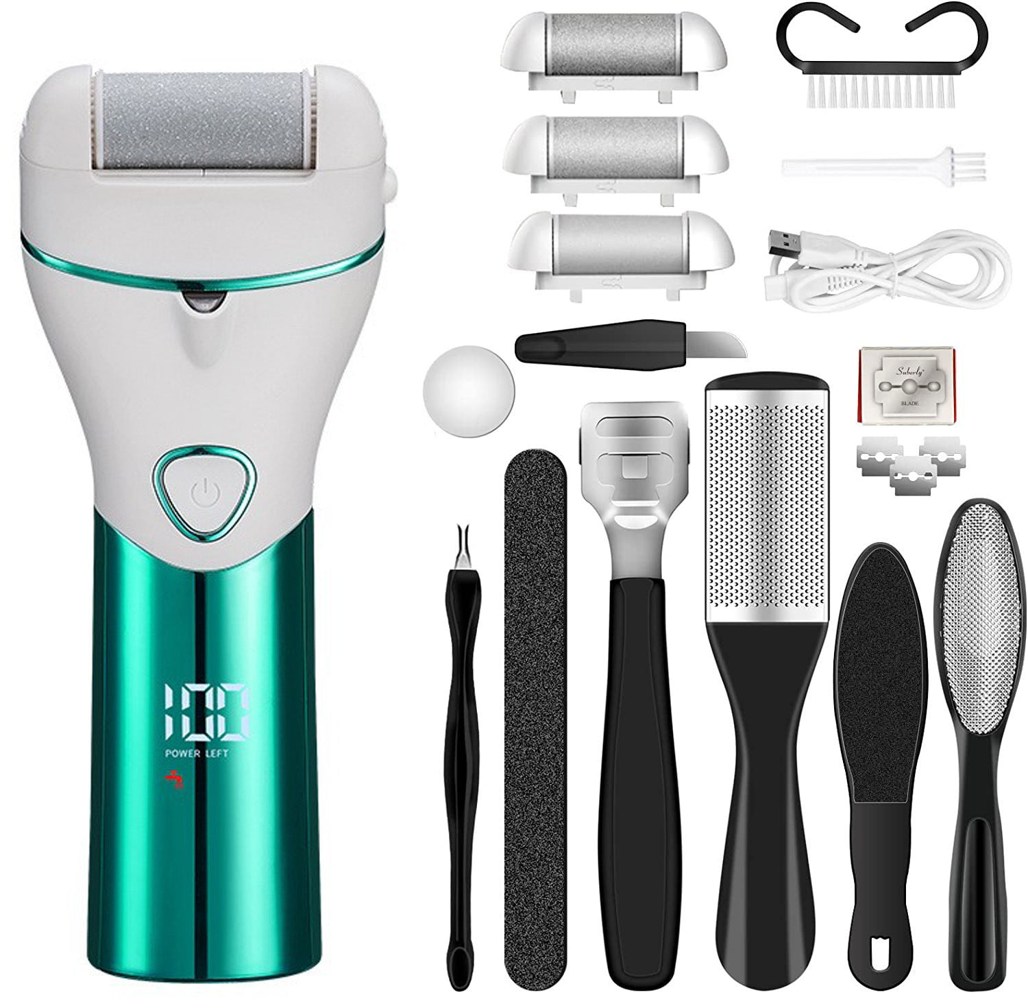 Green And White Rechargeable Electric Foot File Callus Remover Kit 10Pc Pedicure Set With Led Display For Smooth Feet Electric Files & Tools