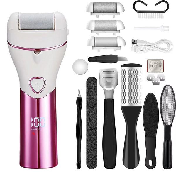 Pink And White Rechargeable Electric Foot File Callus Remover Kit 10Pc Pedicure Set With Led Display For Smooth Feet Electric Files & Tools