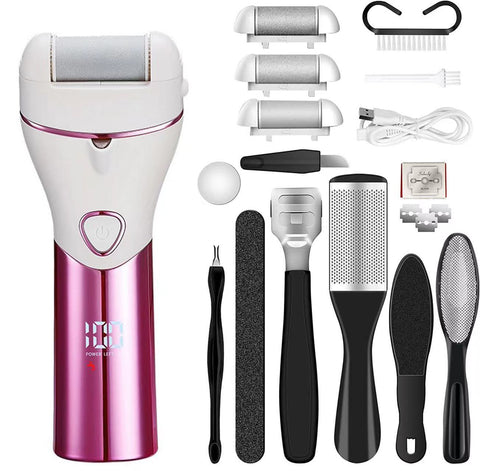 Pink And White Rechargeable Electric Foot File Callus Remover Kit 10Pc Pedicure Set With Led Display For Smooth Feet Electric Files & Tools