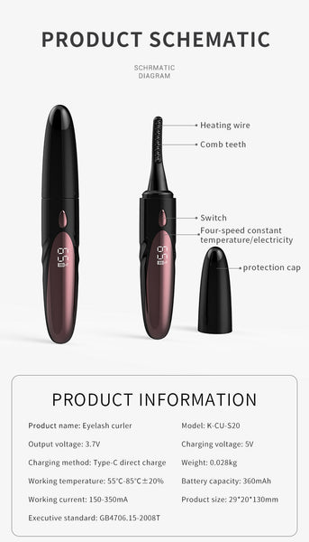 White And Brown Pen Style Electric Heated Eyelash Curler 4 Temps Led Display Usb Fast Charge Anti Scald Comb Eyelash Tools