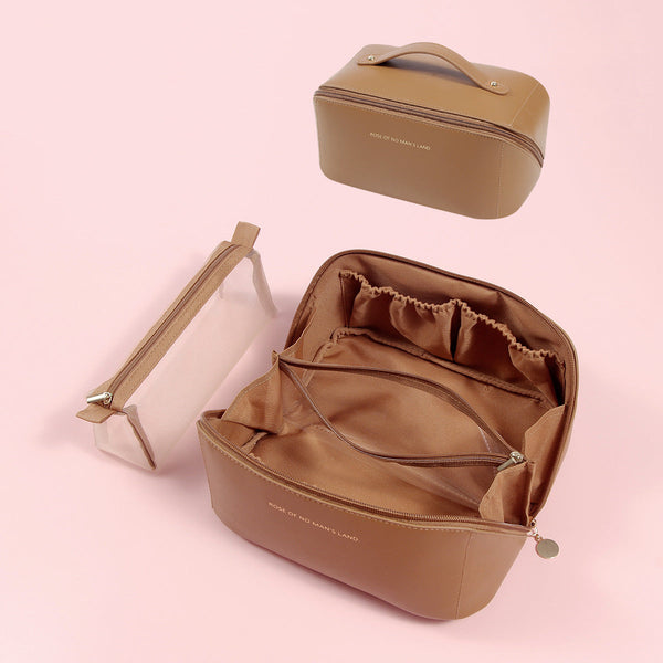 Brown Elegant Pu Leather Makeup Bag & Toiletry Organizer With Detachable Mesh Pouch Large Capacity Travel Cosmetic Case Makeup Bags & Cases