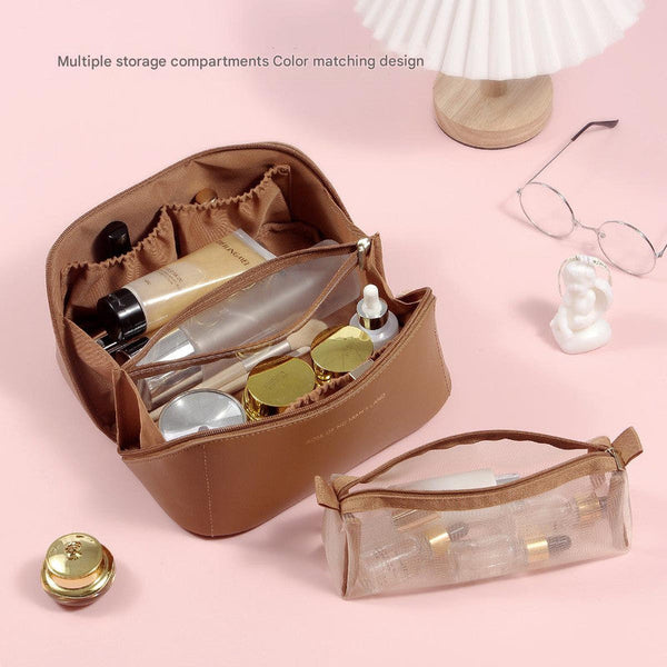 Brown Elegant Pu Leather Makeup Bag & Toiletry Organizer With Detachable Mesh Pouch Large Capacity Travel Cosmetic Case Makeup Bags & Cases