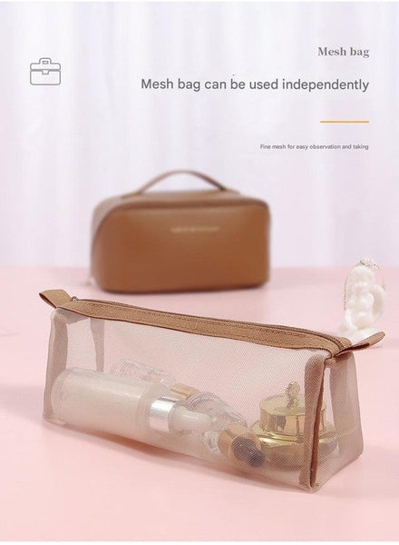 Brown Elegant Pu Leather Makeup Bag & Toiletry Organizer With Detachable Mesh Pouch Large Capacity Travel Cosmetic Case Makeup Bags & Cases