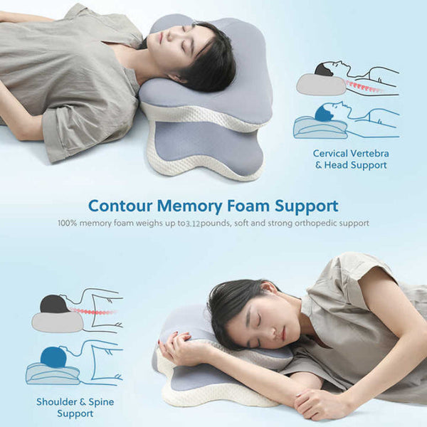Blue And White Ergonomic Butterfly Memory Foam Pillow Cervical Neck Support For Side Back & Stomach Sleepers Orthopedic Contour Design Pillows
