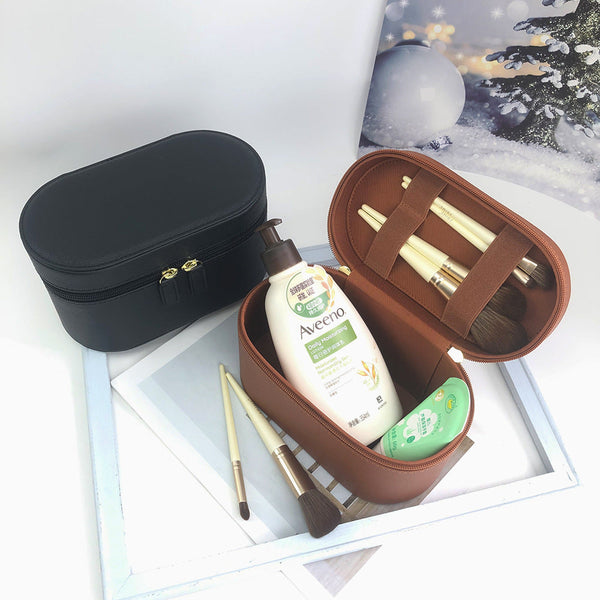 Brown Elegant Pu Leather Makeup & Toiletry Bag Large Capacity Travel Cosmetic Organizer With Brush Holder Packing Organisers