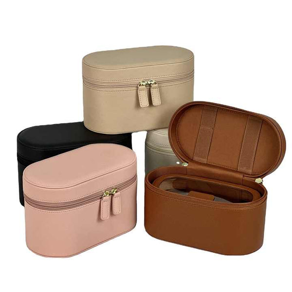 Beige Elegant Pu Leather Makeup & Toiletry Bag Large Capacity Travel Cosmetic Organizer With Brush Holder Packing Organisers