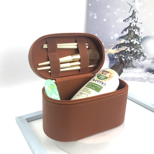 Beige Elegant Pu Leather Makeup & Toiletry Bag Large Capacity Travel Cosmetic Organizer With Brush Holder Packing Organisers