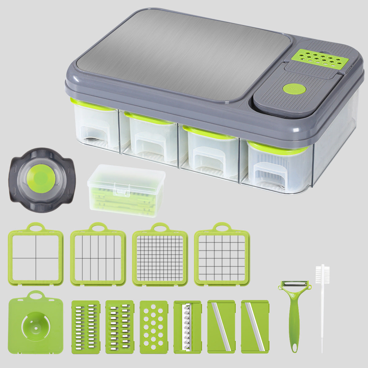 Green And Grey Ultimate 12 In Multi Functional Vegetable Slicer Dicer Chopper Mandoline With Storage Containers & Drain Basket Peelers & Slicers