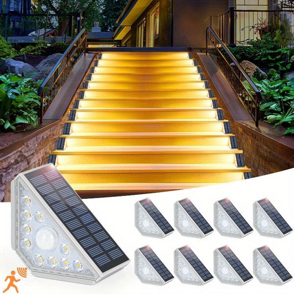 4 Pcs White Bright 14 Led Solar Powered Step Lights Automatic Outdoor Waterproof Illumination For Stairs Deck Pathway & Garden (Warm White) Solar Pane