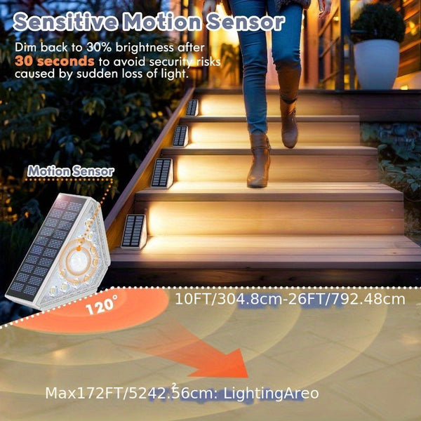 4 Pcs White Bright 14 Led Solar Powered Step Lights Automatic Outdoor Waterproof Illumination For Stairs Deck Pathway & Garden (Warm White) Solar Pane