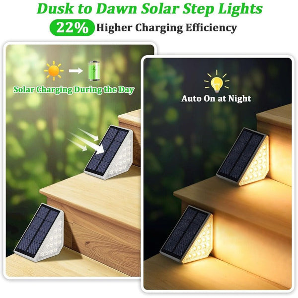 4 Pcs White Bright 14 Led Solar Powered Step Lights Automatic Outdoor Waterproof Illumination For Stairs Deck Pathway & Garden (Warm White) Solar Pane