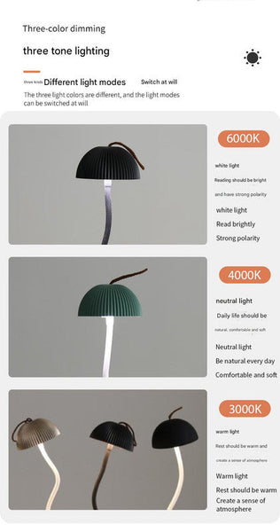 White Sleek Minimalist Led Mushroom Table Lamp Rechargeable 3 Color Touch Control Bar And Ambient Light Lamps