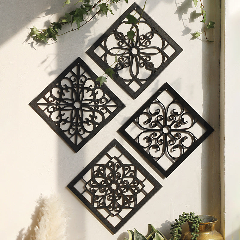 Black Set Of 4 Intricate Wooden Panels Diamond Mandala Style Home Decor Plaques Wall Art