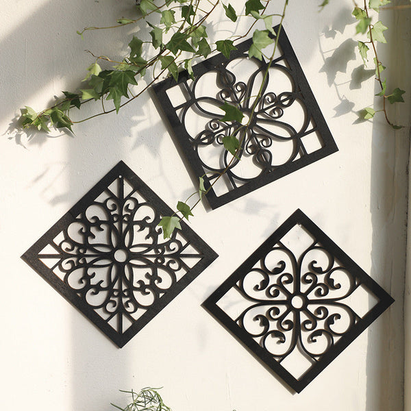 Black Set Of 4 Intricate Wooden Panels Diamond Mandala Style Home Decor Plaques Wall Art