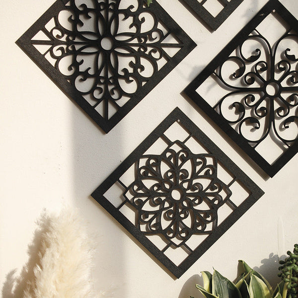 Black Set Of 4 Intricate Wooden Panels Diamond Mandala Style Home Decor Plaques Wall Art