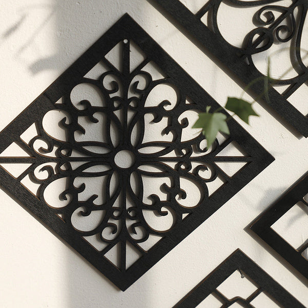 Black Set Of 4 Intricate Wooden Panels Diamond Mandala Style Home Decor Plaques Wall Art