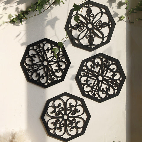 Black Set Of 4 Intricate Wooden Octagonal European Style Mandala Decor Plaques Wall Art