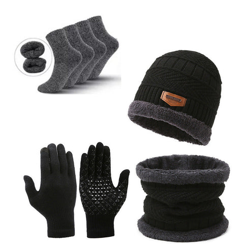 Black Men's 5 Piece Winter Essentials Set Lined Beanie Hat Neck Warmer Touchscreen Gloves & 2 Pairs Thermal Socks Scarves