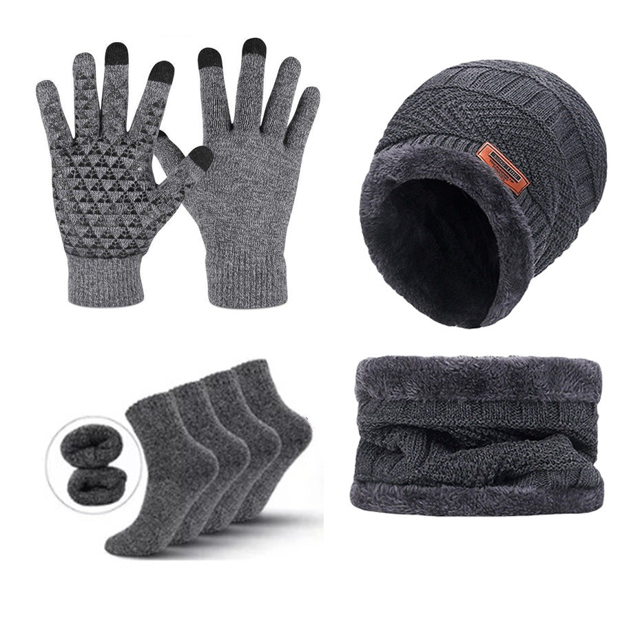 Grey Men's 5 Piece Winter Essentials Set Lined Beanie Hat Neck Warmer Touchscreen Gloves & 2 Pairs Thermal Socks Scarves